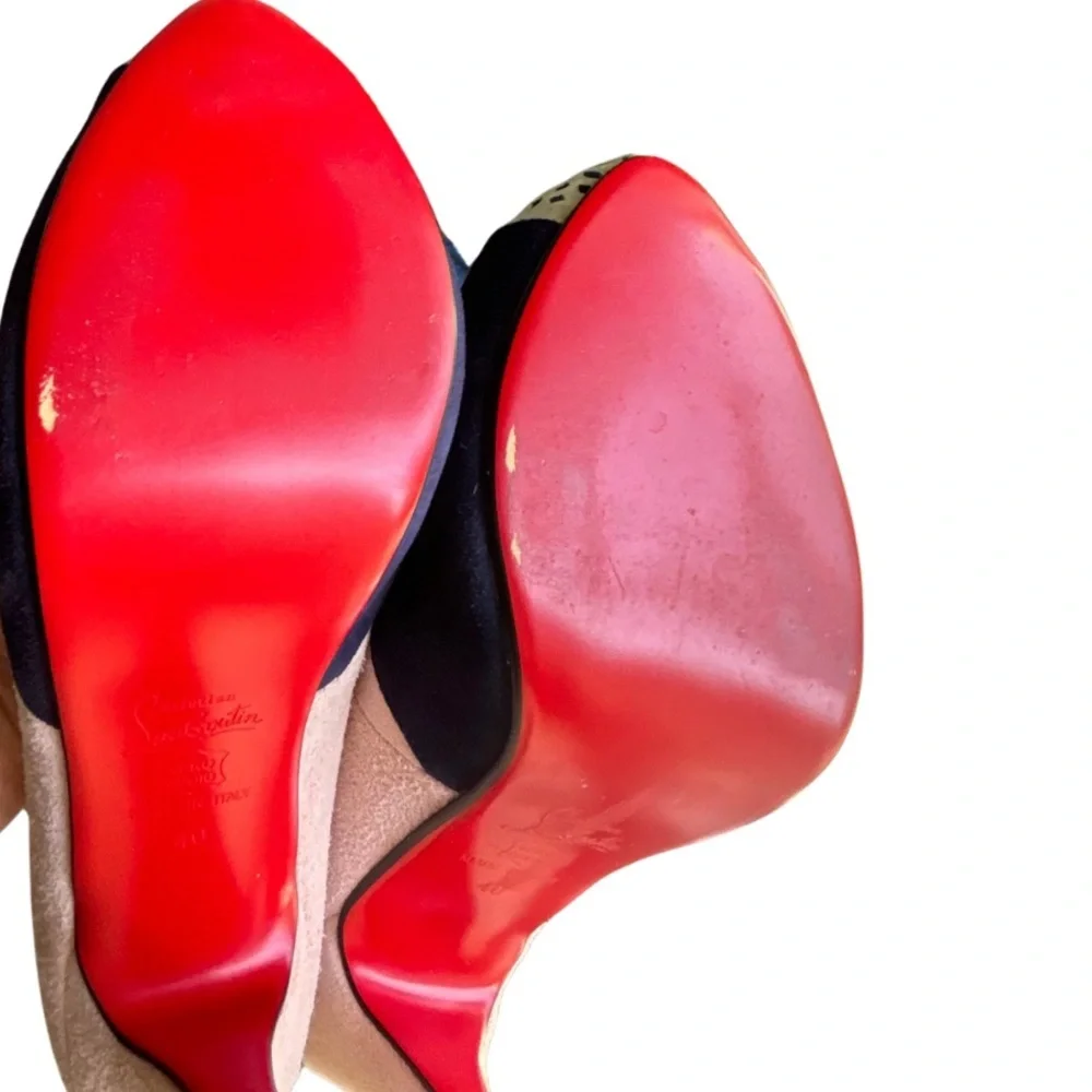 Christian Louboutin Navy and Blush Suede Pumps with Gold Cap-Toe